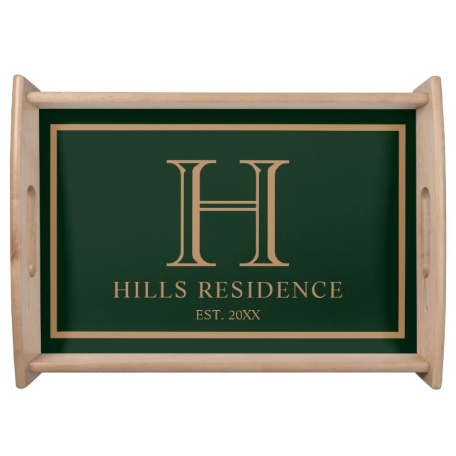 Monogram Family Year Established Gold Green Serving Tray (Front)