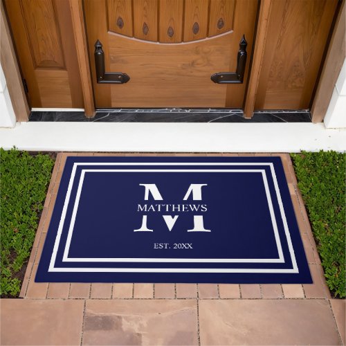 Monogram Family Year Established Navy Blue White Doormat
