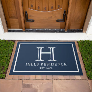 Monogram Family Year Established Navy Blue White Doormat