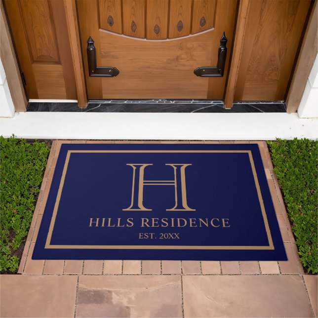 Monogram Family Year Established Navy Blue White Doormat (Outdoor)