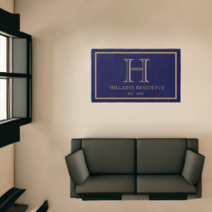 Monogram Family Year Established Navy Blue White Rug