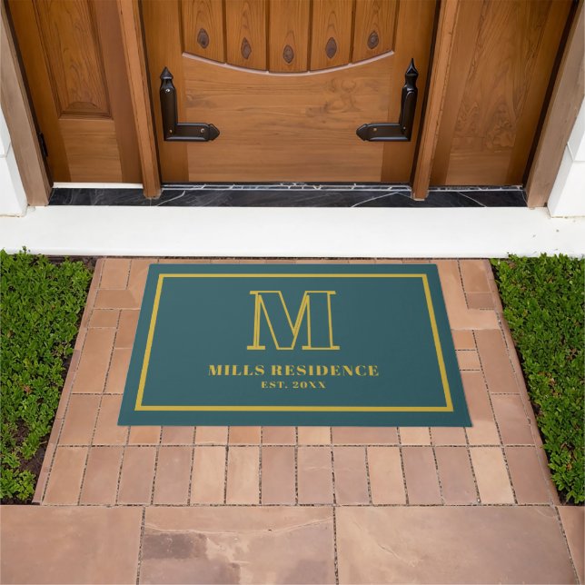 Monogram Family Year Established Teal Gold Doormat (Outdoor)