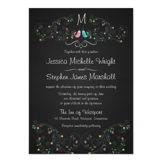 Monogram Fancy Doodle Lovebirds Chalkboard Card
