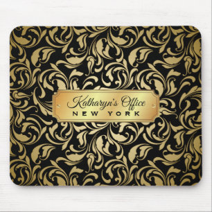 Monogram Fancy Gold Flourish Black Luxe Nameplate Mouse Pad