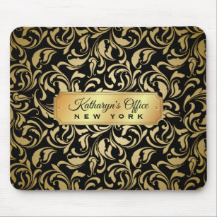 Monogram Fancy Gold Flourish Black Luxe Nameplate Mouse Pad