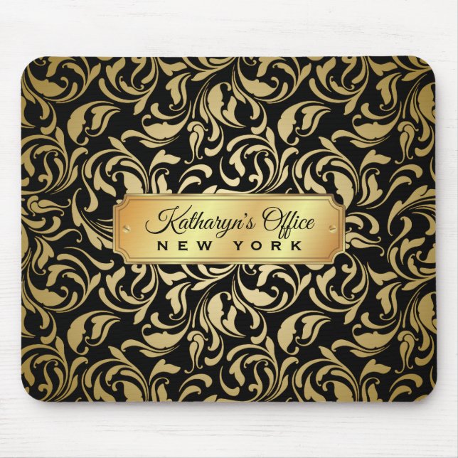 Monogram Fancy Gold Flourish Black Luxe Nameplate Mouse Pad (Front)