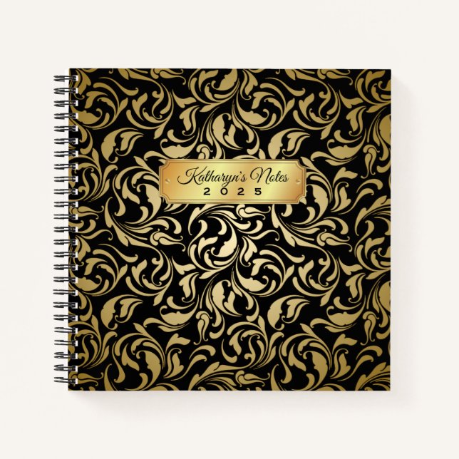 Monogram Fancy Gold Flourish Black Luxe Nameplate Notebook (Front)