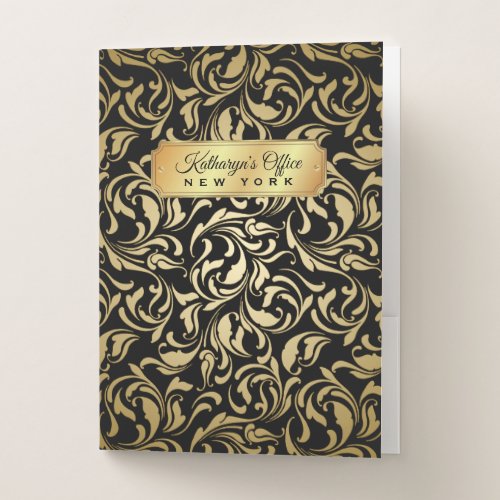Monogram Fancy Gold Flourish Black Luxe Nameplate Pocket Folder
