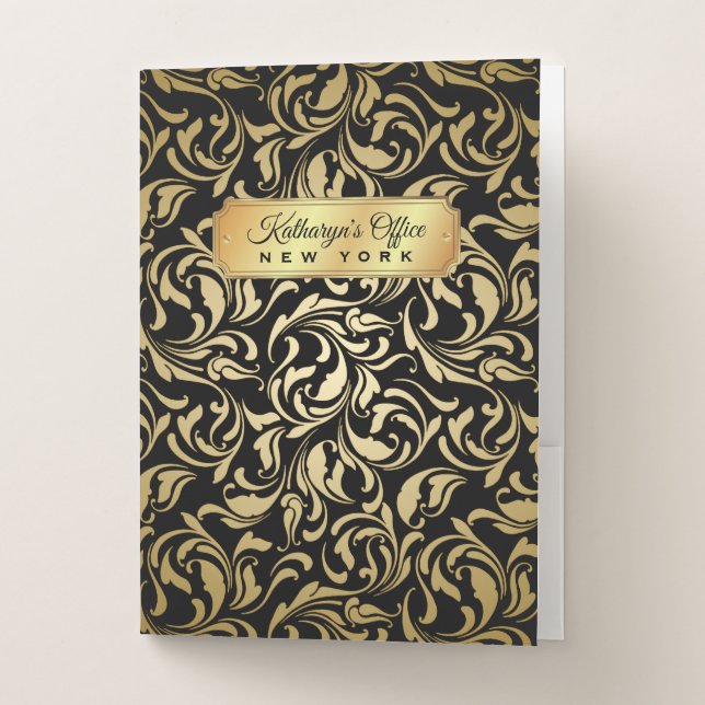 Monogram Fancy Gold Flourish Black Luxe Nameplate Pocket Folder (Front)