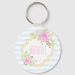 Monogram Fancy Pink Roses Blueberry Keychain