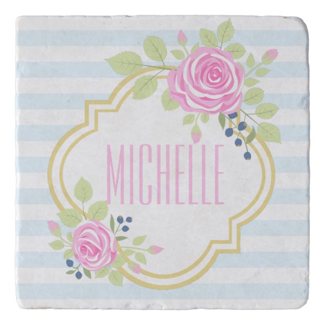 Monogram Fancy Pink Roses Blueberry Marble Trivet (Front)