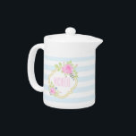 Monogram Fancy Pink Roses Blueberry Teapot<br><div class="desc">Monogram Fancy Pink Roses Blueberry Teapot. Fancy floral monogram with roses and blueberry. Very ornate and cheerful,  with slightly Victorian or shabby chic look and feel. Pastel colors: pink,  blue,  green. Light blue stripes. Pink and golden monogram (golden is not real gold but color).</div>
