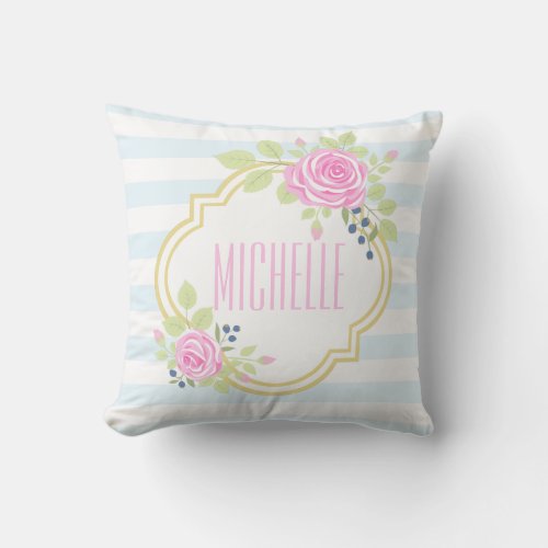 Monogram Fancy Pink Roses Blueberry Throw Pillow