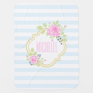 Monogram Fancy Roses Blueberry Baby Blanket