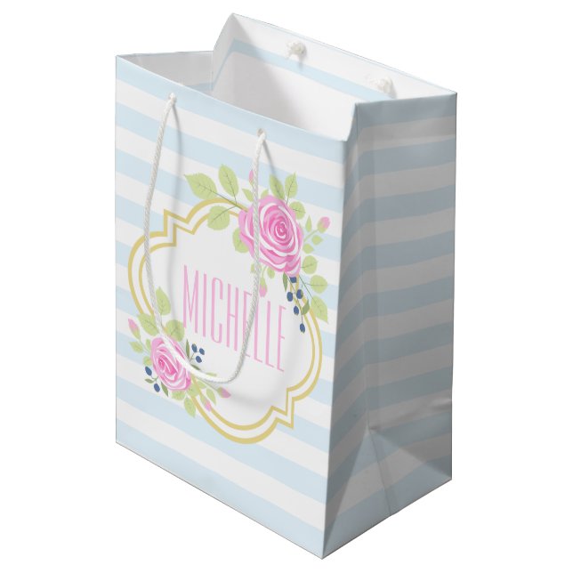 Monogram Fancy Roses Blueberry Gift Bag (Front Angled)
