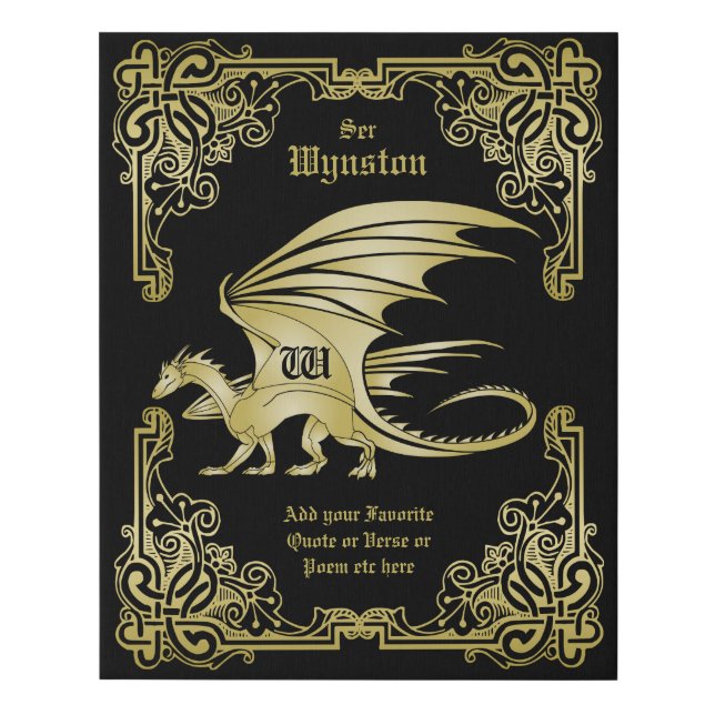 Monogram Fantasy Medieval Dragon Ornate Frame Faux Canvas Print (Front)