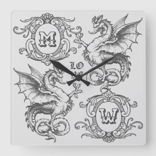 Monogram Fantasy Medieval Dragon Ornate Frame Square Wall Clock