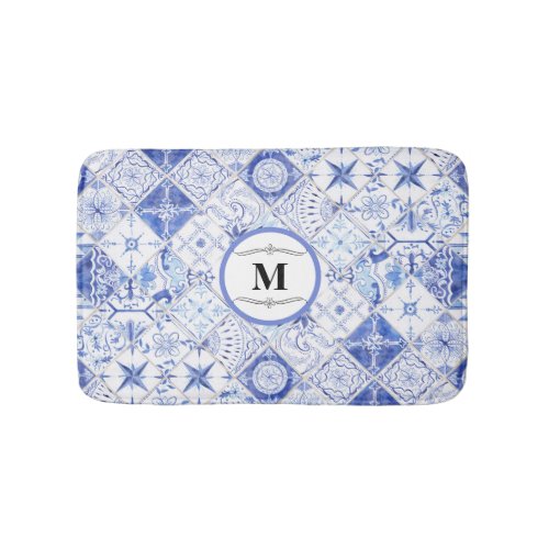 Monogram Farmhouse Blue White Watercolor Tile Art Bath Mat