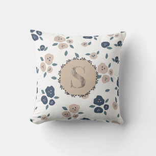 Monogram Farmhouse Floral Blue Tan Country Rustic Throw Pillow