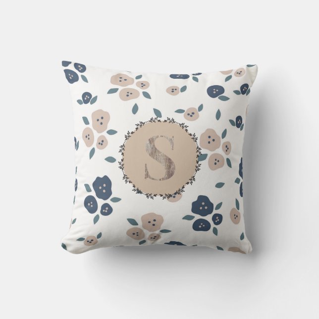 Monogram Farmhouse Floral Blue Tan Country Rustic Throw Pillow (Front)