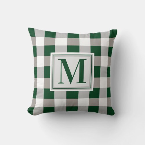 Monogram Farmhouse Green Gray White Checkered Throw Pillow