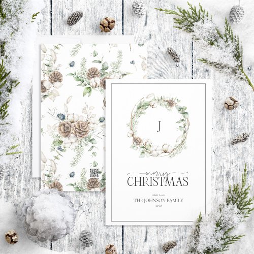 Monogram Farmhouse Greenery Wreath Merry Christmas Holiday Card