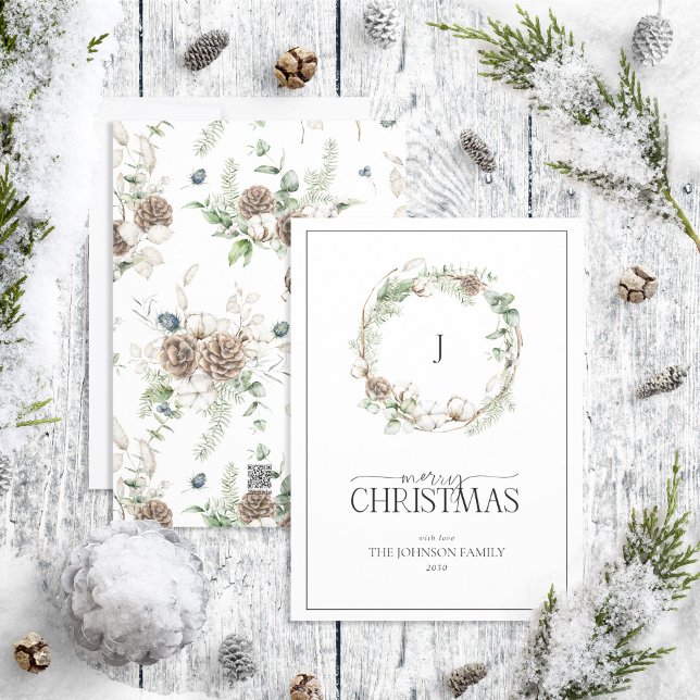 Monogram Farmhouse Greenery Wreath Merry Christmas Holiday Card (Creator Uploaded)