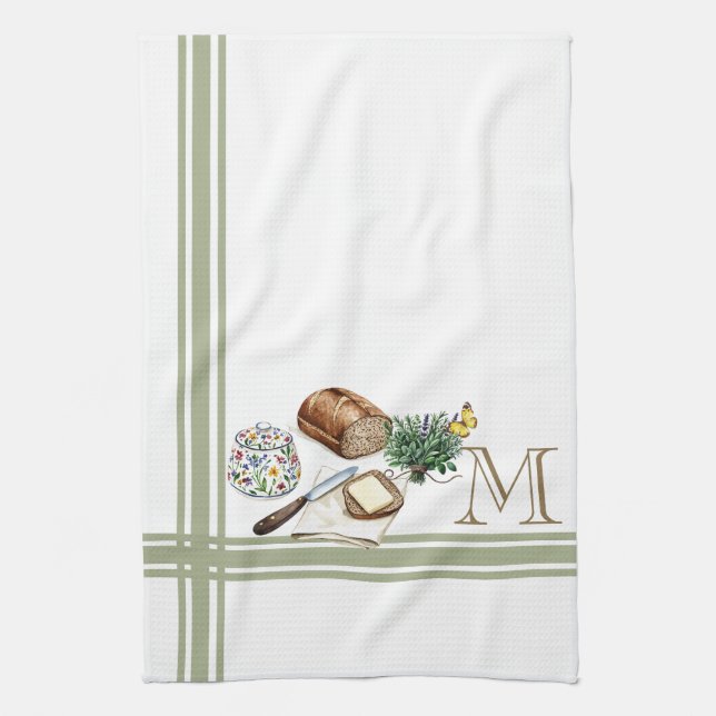 Monogram Farmhouse Kitchen Towel Sage Green Herbs (Vertical)