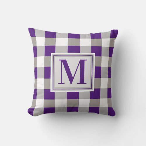Monogram Farmhouse Purple Gray White Checkered Throw Pillow
