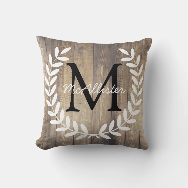 Monogram Farmhouse White Laurels Light Wood Planks Throw Pillow (Front)