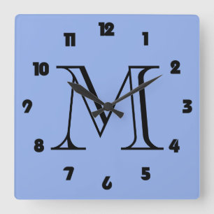 Monogram Fat Black Numbers On Blue wccn Square Wall Clock