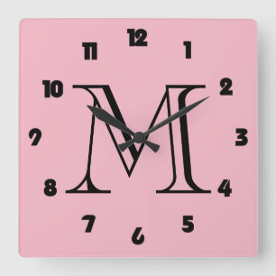 Monogram Fat Black Numbers On Pink wccnt Square Wall Clock