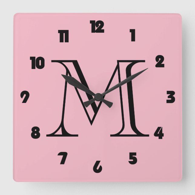Monogram Fat Black Numbers On Pink wccnt Square Wall Clock (Front)