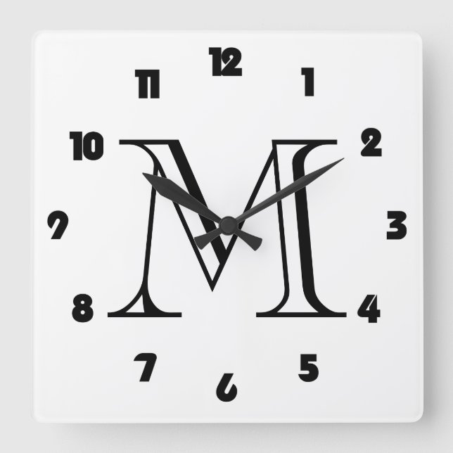 Monogram Fat Black Numbers On White wccnt Square Wall Clock (Front)