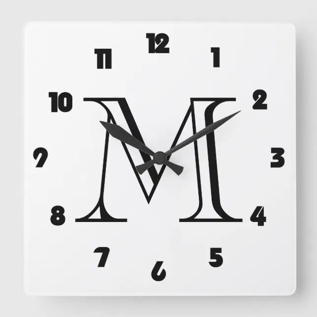 Monogram Fat Black Numbers On White wccnt Square Wall Clock | Zazzle