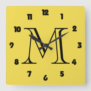 Monogram Fat Black Numbers On Yellow wccn Square Wall Clock