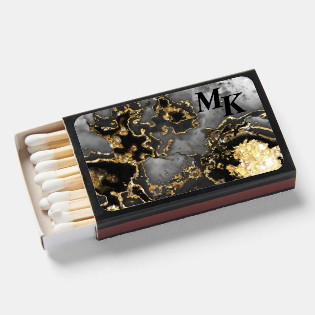 Monogram Faux Black Onyx and Gold Nugget Matchboxes (Front Open)