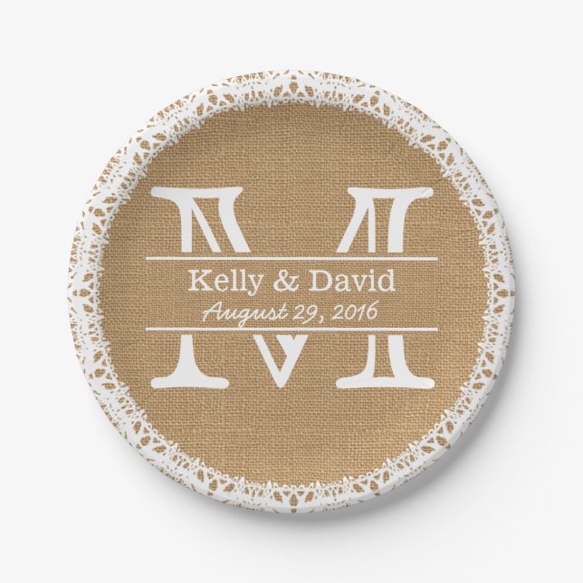 Monogram Faux Burlap & Lace Rustic Wedding Paper Plates (Front)