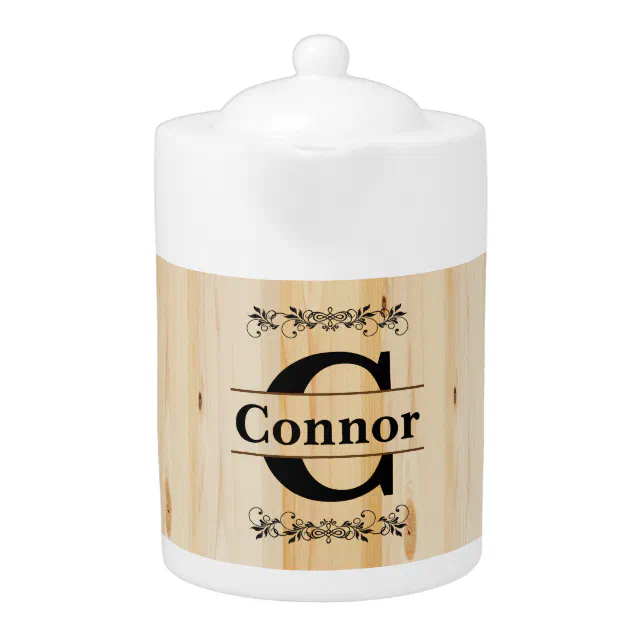 Monogram Faux Butcher Block Natural Wood Look Teapot | Zazzle