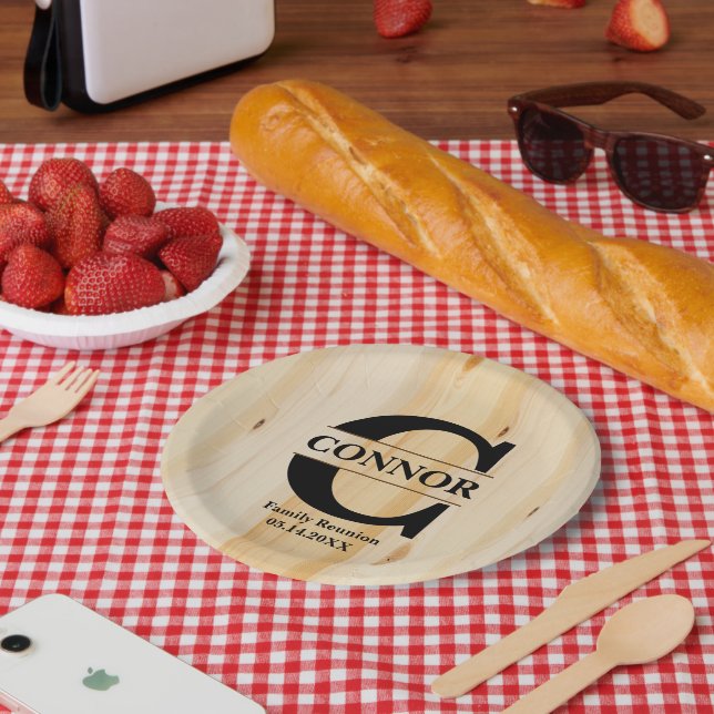 Monogram Faux Butcher Block Wood | Personalized Paper Plates (Picnic)