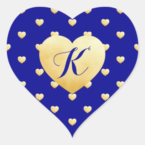 Monogram Faux Foil Gold Hearts Pattern on Blue Heart Sticker