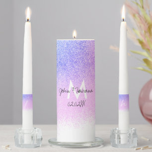 Monogram Faux Glitter Ombre Purple Pink Rainbow Unity Candle Set