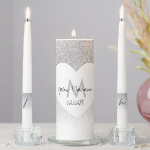 Monogram Faux Glitter Silver White Heart Unity Candle Set
