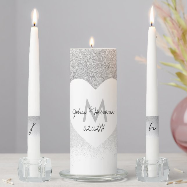 Monogram Faux Glitter Silver White Heart Unity Candle Set (In Situ)