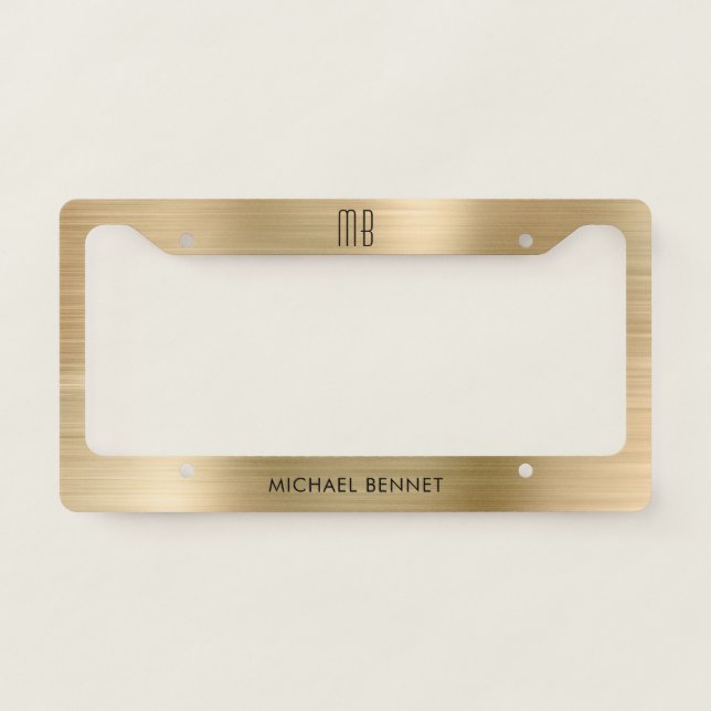 Monogram Faux Gold Black Metallic License Plate Frame (Front)