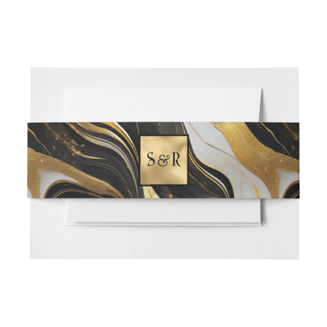 Monogram Faux Gold, Black & White Marbled Wedding Invitation Belly Band (Front Example)
