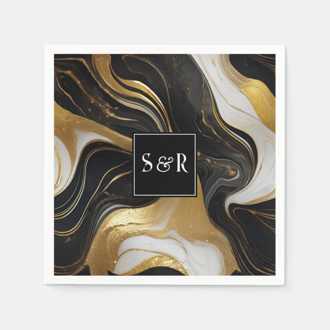 Monogram Faux Gold, Black & White Marbled Wedding Napkins (Front)