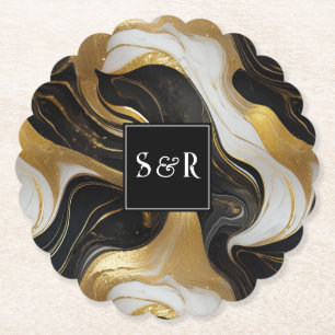 Monogram Faux Gold, Black & White Marbled Wedding Paper Coaster