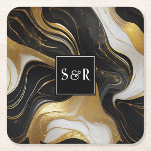 Monogram Faux Gold, Black & White Marbled Wedding Square Paper Coaster