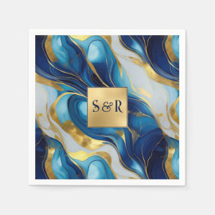 Monogram Faux Gold, Blue and White Marbled Wedding Napkins